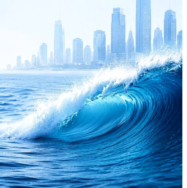 A wave curling toward a coastal city skyline